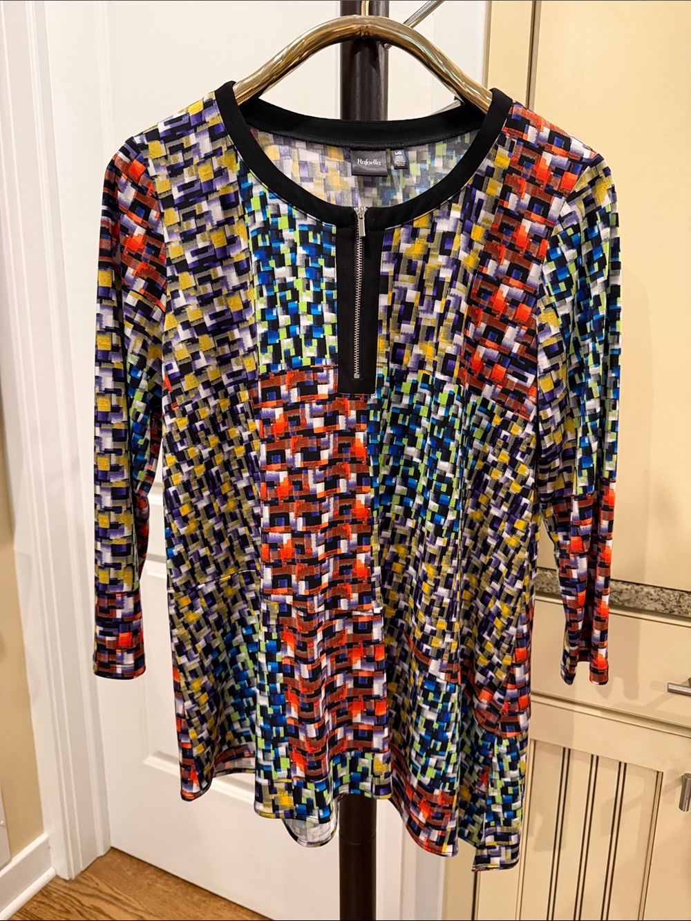 Colorblock Mosaic Knit Top with Zip Placket